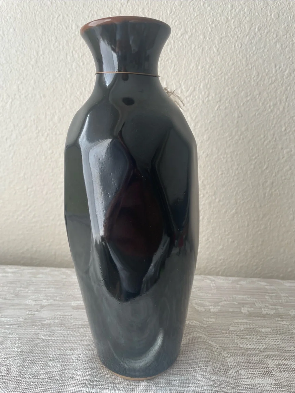 Black pottery Decorative Vase with Feather Accent sing FRP 86 9.25 inch